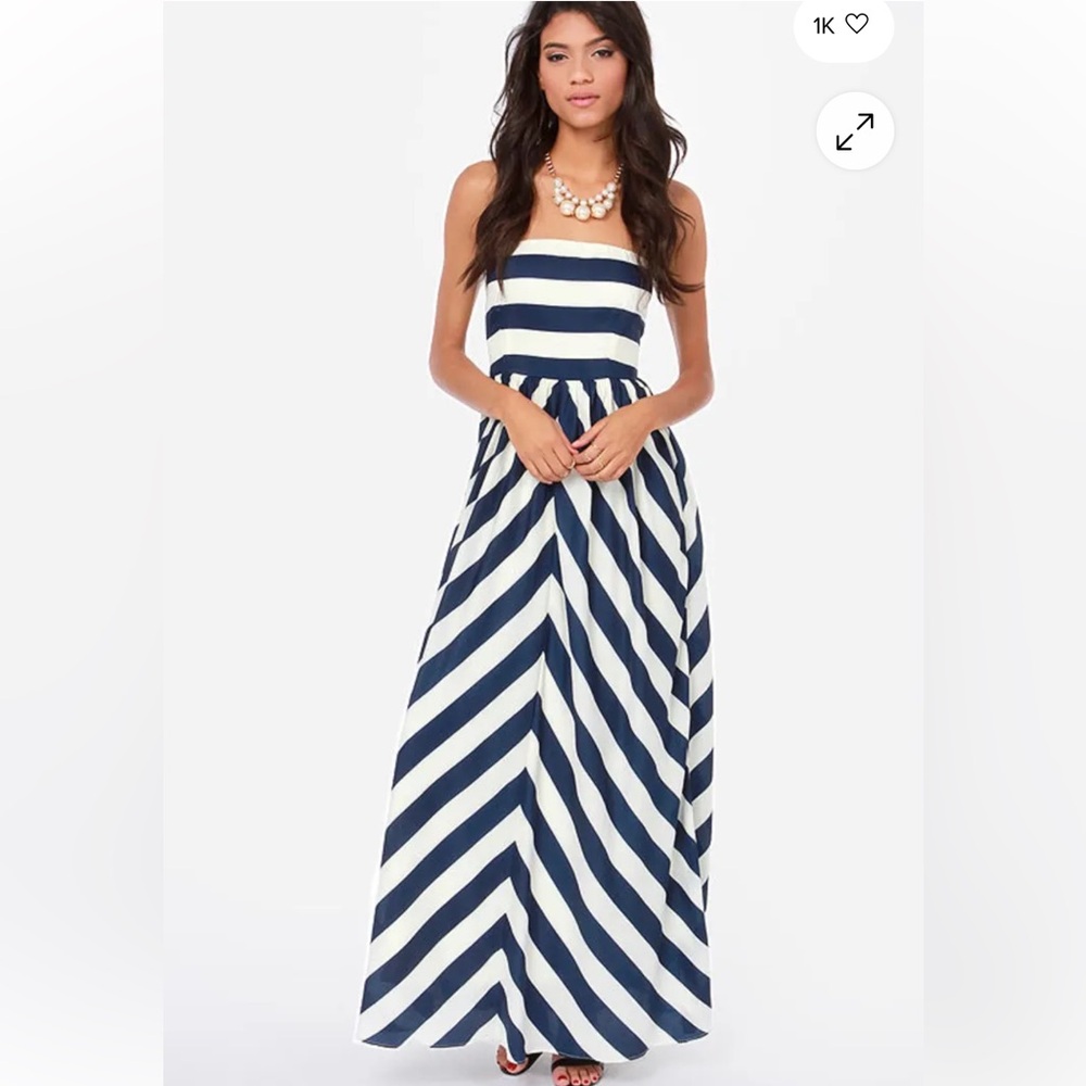 Lulus Dreamboat Come True Ivory and Navy Striped Maxi Dress